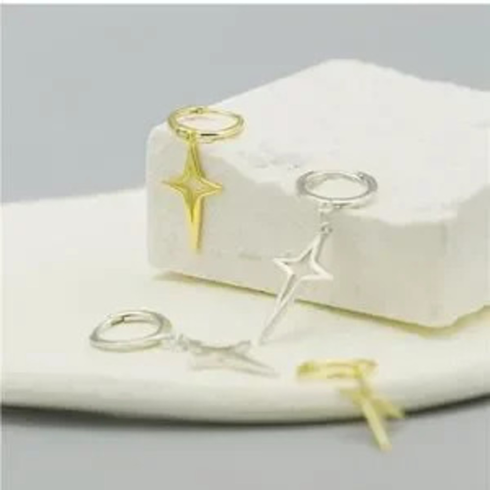 Sterling Silver Hinged Hoop 4 Point Star Cross Drop Hoop Earrings